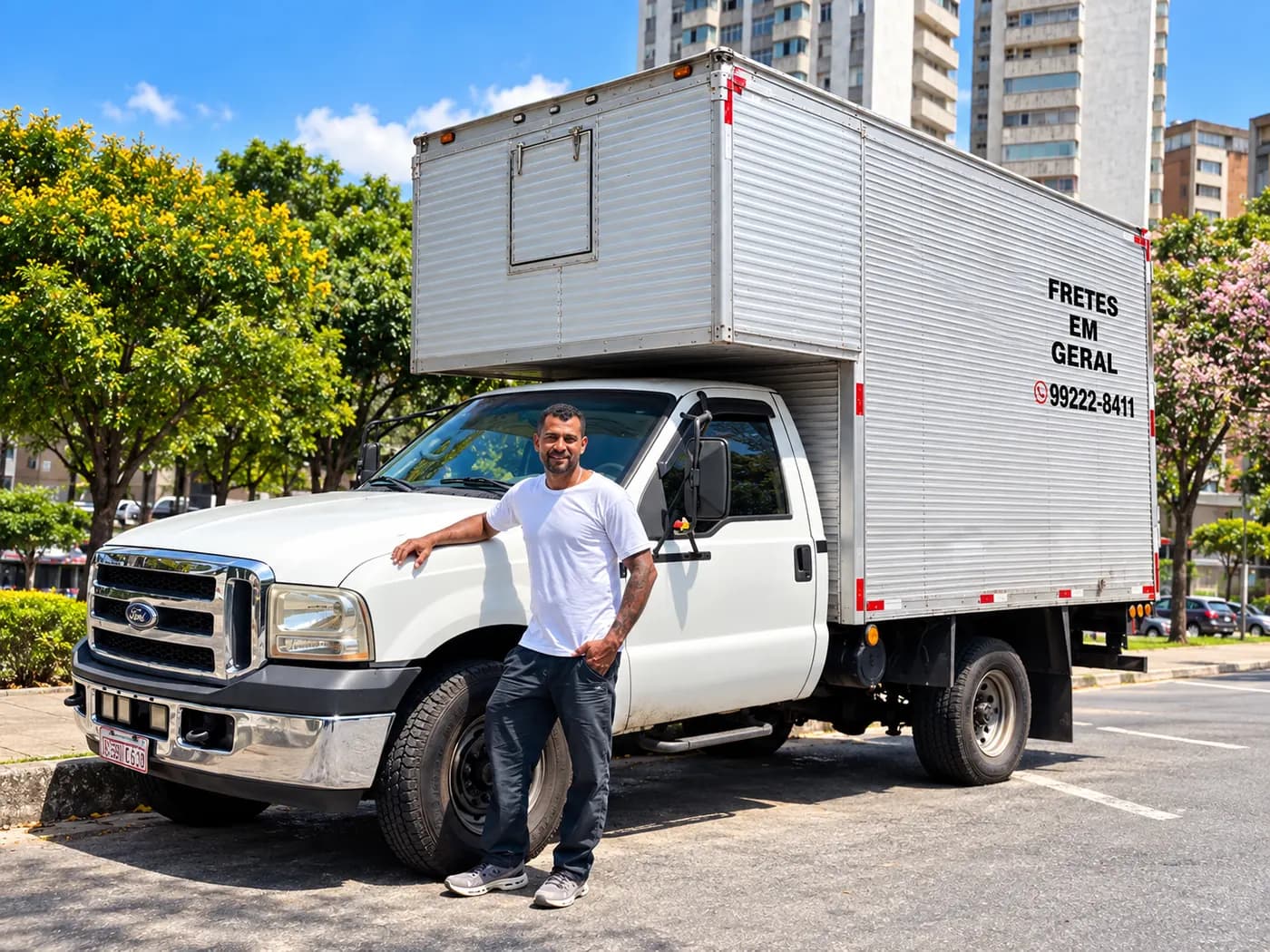 Responsável da Fausto Transportes ao lado do caminhão baú usado nos carretos e pequenas mudanças em Belo Horizonte